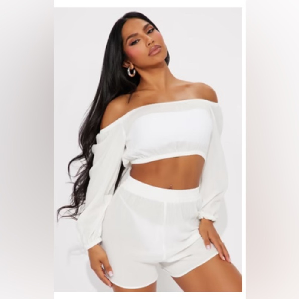 Breezy Paradise Linen Off Shoulder
Cover Up Shorts Set - White